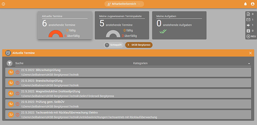 MountainOffice – Originalansicht der Aufgabenübersicht
